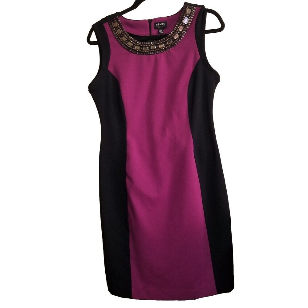 Nicole by Nicole Miller Dress Womens Medium Sheath Black Purple‎ Beaded